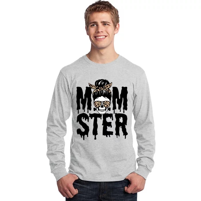 Momster Mom Monster Skull Bun Leopard Halloween Momster Gift Tall Long Sleeve T-Shirt