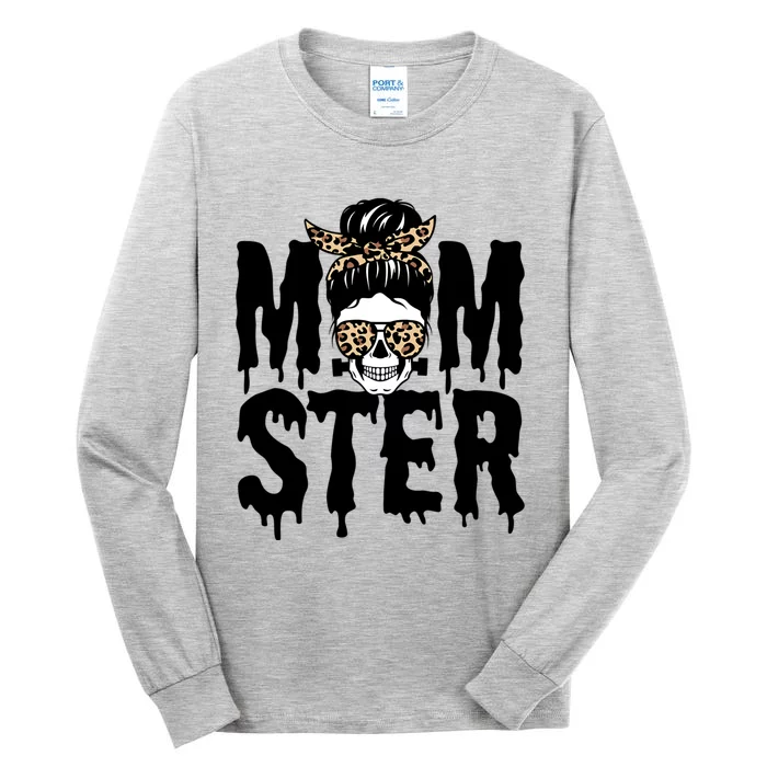 Momster Mom Monster Skull Bun Leopard Halloween Momster Gift Tall Long Sleeve T-Shirt