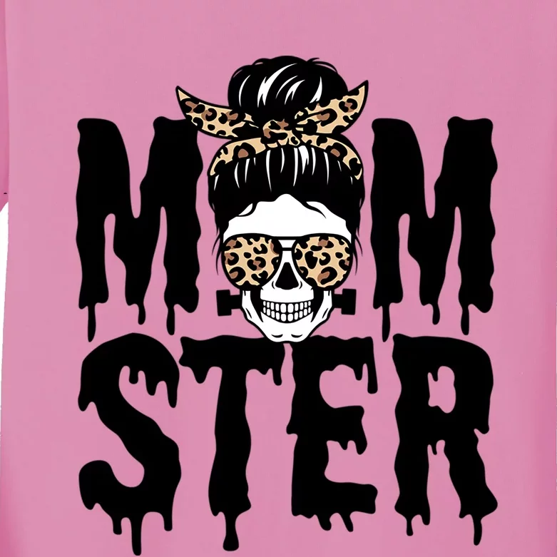 Momster Mom Monster Skull Bun Leopard Halloween Momster Gift Kids Long Sleeve Shirt