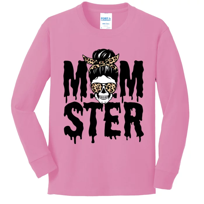 Momster Mom Monster Skull Bun Leopard Halloween Momster Gift Kids Long Sleeve Shirt