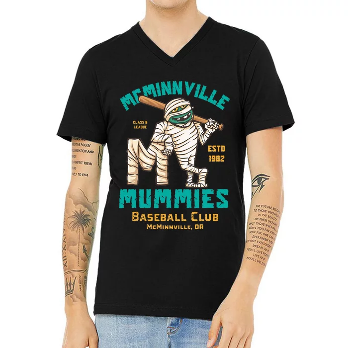 Mcminnville Mummies Minor League Retro Baseball V-Neck T-Shirt