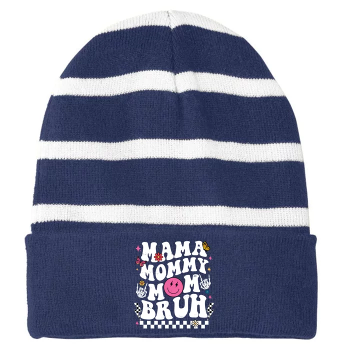 Mama Mommy Mom Bruh Retro Smile Face Striped Beanie with Solid Band