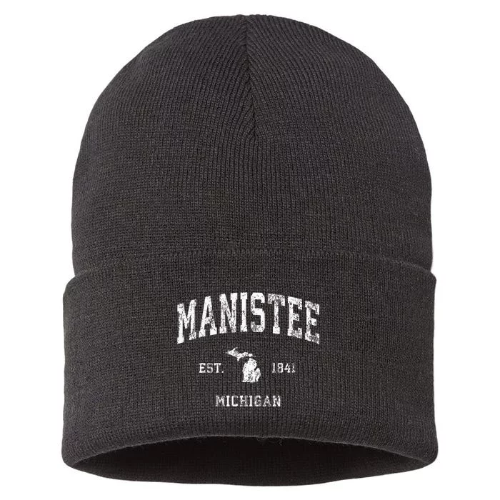 Manistee Michigan Mi Vintage Athletic Sports Design Sustainable Knit Beanie