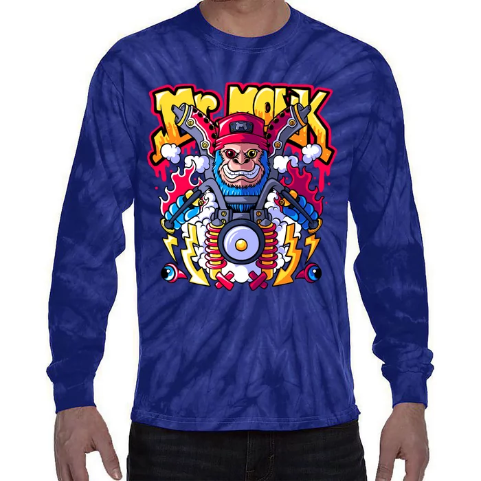 Mr. Monkey Monk Cool Character Riding Motorcycle Tie-Dye Long Sleeve Shirt