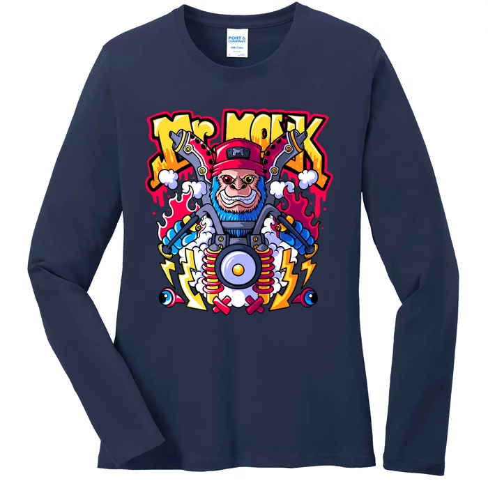 Mr. Monkey Monk Cool Character Riding Motorcycle Ladies Long Sleeve Shirt