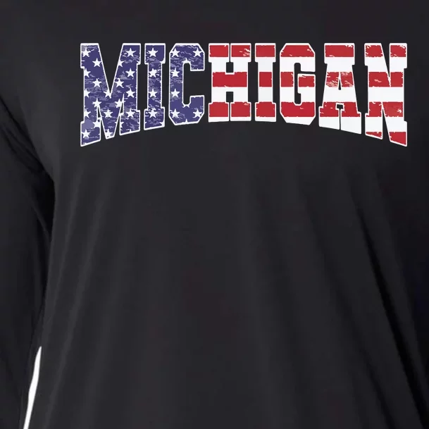 Michigan Mi Patriotic Distressed Usa Flag Design Cooling Performance Long Sleeve Crew