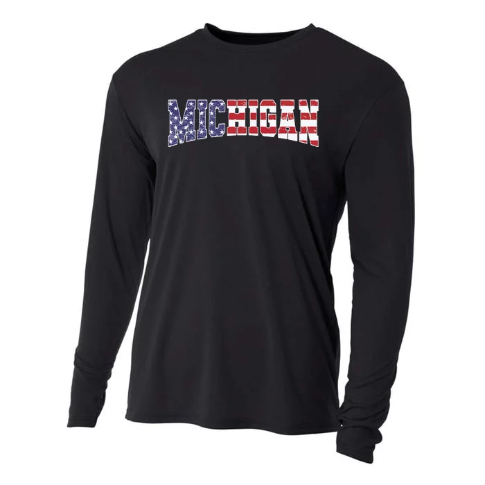 Michigan Mi Patriotic Distressed Usa Flag Design Cooling Performance Long Sleeve Crew