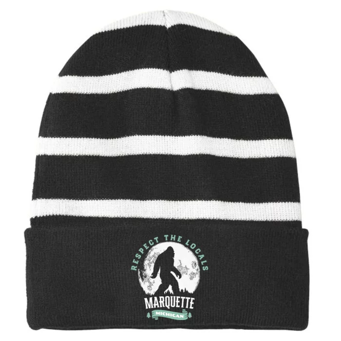 Marquette Michigan Respect The Locals Bigfoot Sasquatch Moon Striped Beanie with Solid Band