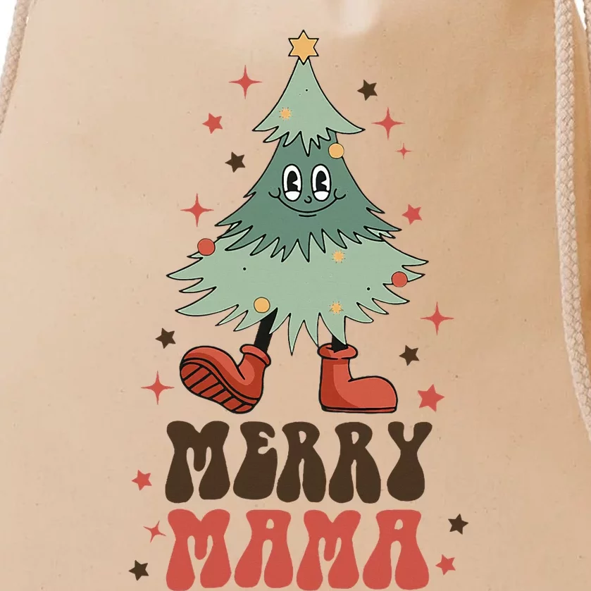 Merry Mama Retro Christmas Tree Face Groovy Matching Family Drawstring Bag