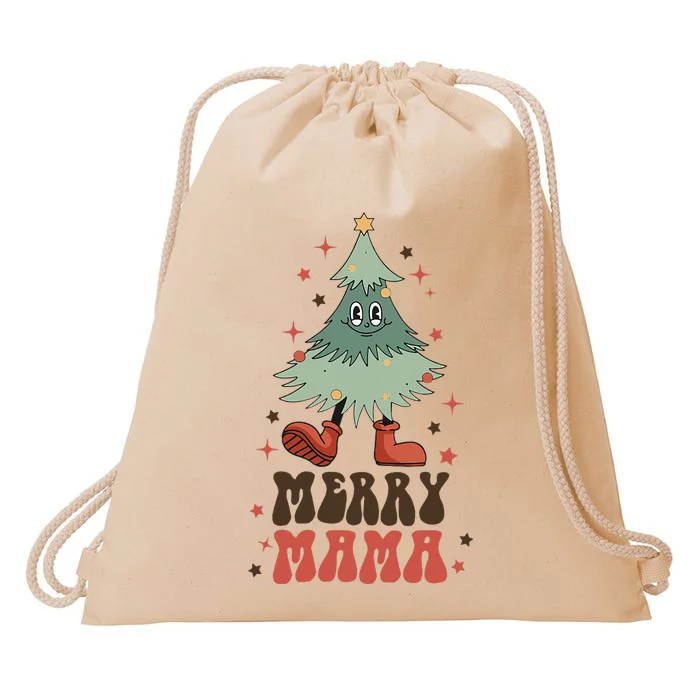 Merry Mama Retro Christmas Tree Face Groovy Matching Family Drawstring Bag