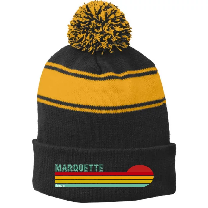 Marquette Michigan Retro Stripe Pom Pom Beanie