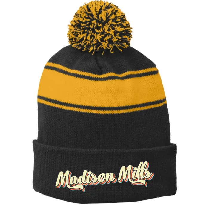 Madison Mills Retro Art Baseball Vintage Stripe Pom Pom Beanie