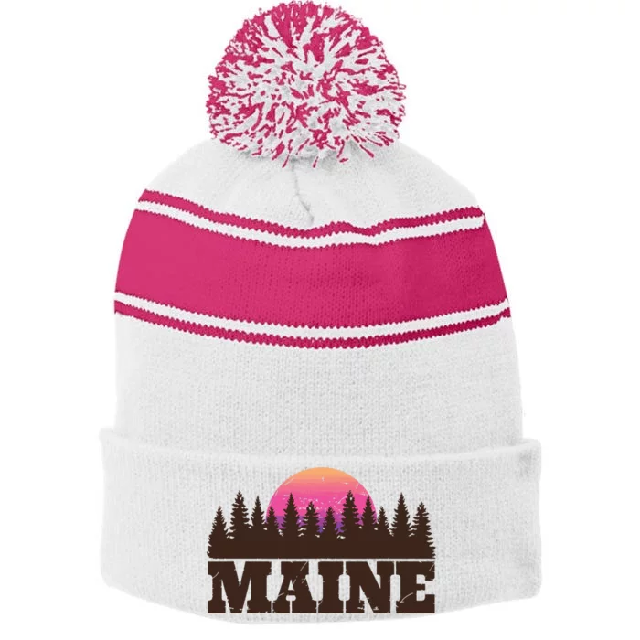 Maine Mn Retro Vintage Gift Women Stripe Pom Pom Beanie