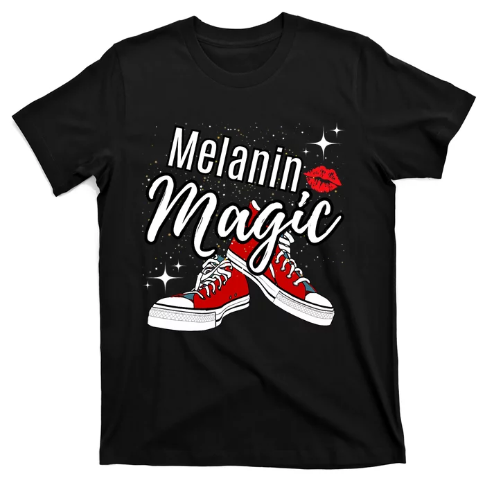 Melanin Magic Stars Lips Chucks Red Shoes Black Queen T-Shirt