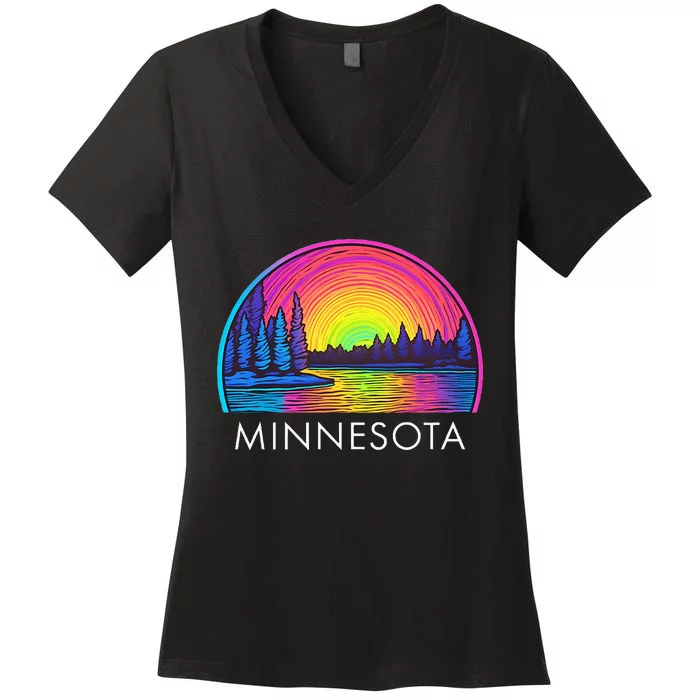 Minnesota Mn State Colorful Rainbow Lake Women's V-Neck T-Shirt