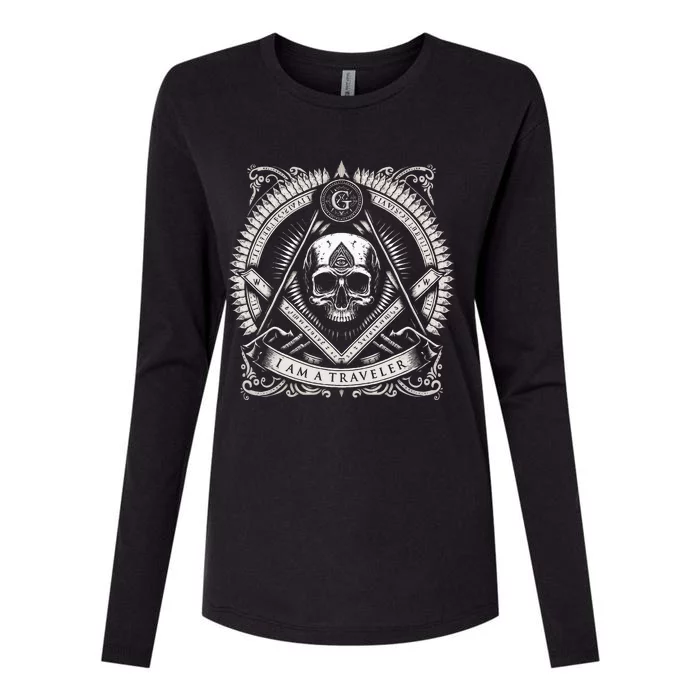 Master Mason Skull Square And Compass Freemason Masonic Womens Cotton Relaxed Long Sleeve T-Shirt