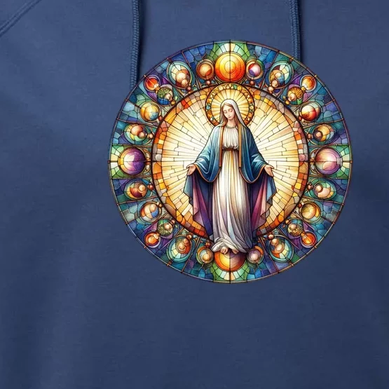 Mother Mary Stained Glass Collection: Mother Of God Jesus Christ Catholic Performance Fleece Hoodie