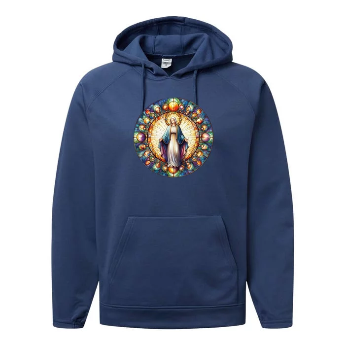 Mother Mary Stained Glass Collection: Mother Of God Jesus Christ Catholic Performance Fleece Hoodie