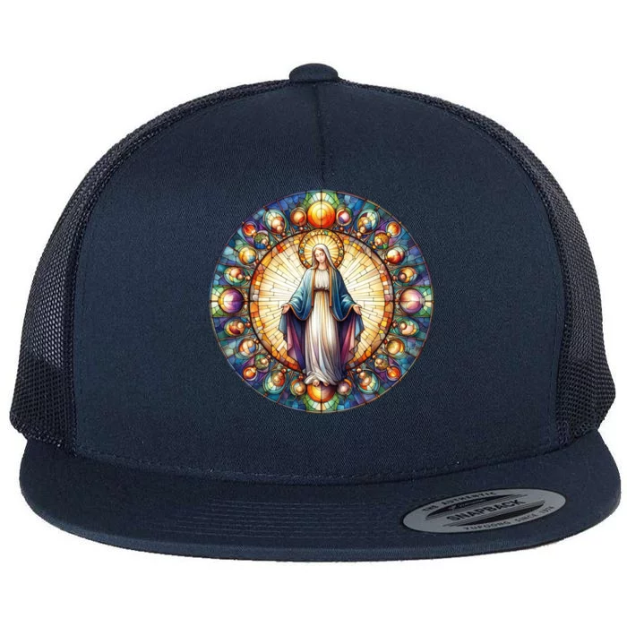 Mother Mary Stained Glass Collection: Mother Of God Jesus Christ Catholic Flat Bill Trucker Hat