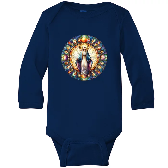 Mother Mary Stained Glass Collection: Mother Of God Jesus Christ Catholic Baby Long Sleeve Bodysuit