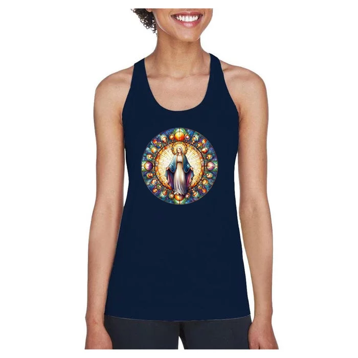 Mother Mary Stained Glass Collection: Mother Of God Jesus Christ Catholic Women's Racerback Tank