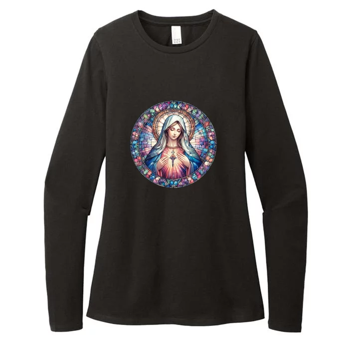 Mother Mary Stained Glass Collection: Heart God Jesus Christ Cross Catholic Womens CVC Long Sleeve Shirt