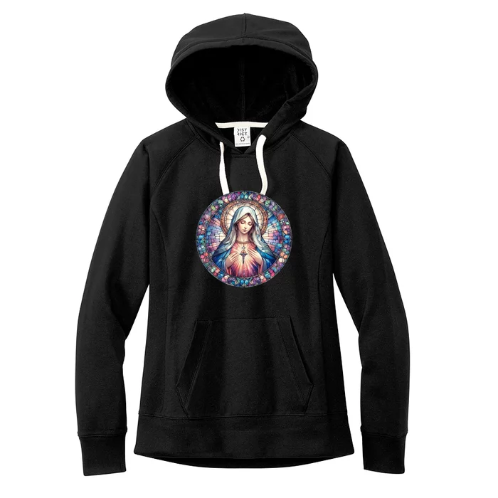 Mother Mary Stained Glass Collection: Heart God Jesus Christ Cross Catholic Women's Fleece Hoodie