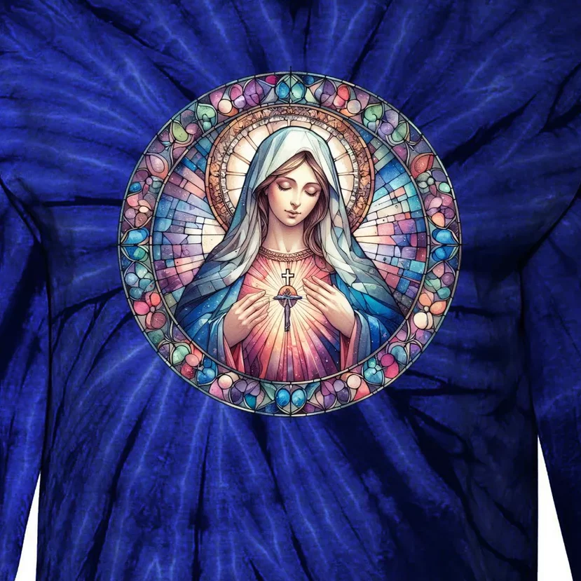 Mother Mary Stained Glass Collection: Heart God Jesus Christ Cross Catholic Tie-Dye Long Sleeve Shirt