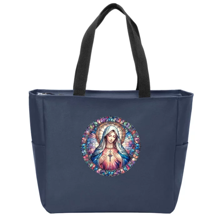 Mother Mary Stained Glass Collection: Heart God Jesus Christ Cross Catholic Zip Tote Bag