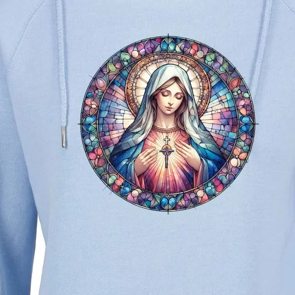 Mother Mary Stained Glass Collection: Heart God Jesus Christ Cross Catholic Womens Funnel Neck Pullover Hood