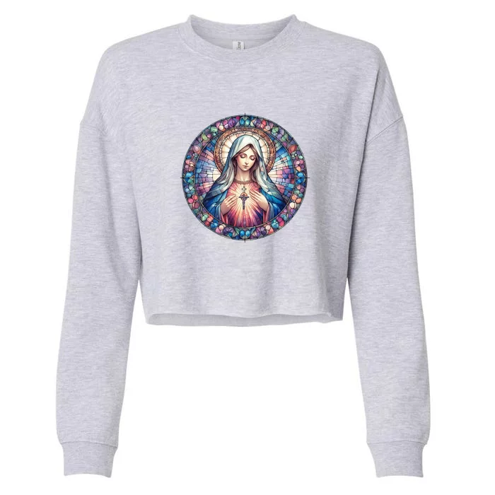 Mother Mary Stained Glass Collection: Heart God Jesus Christ Cross Catholic Cropped Pullover Crew