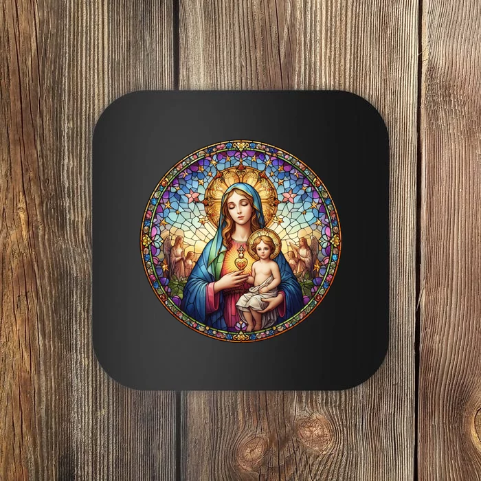 Mother Mary Stained Glass Collection: Sacred Heart Of Mary And Jesus Coaster