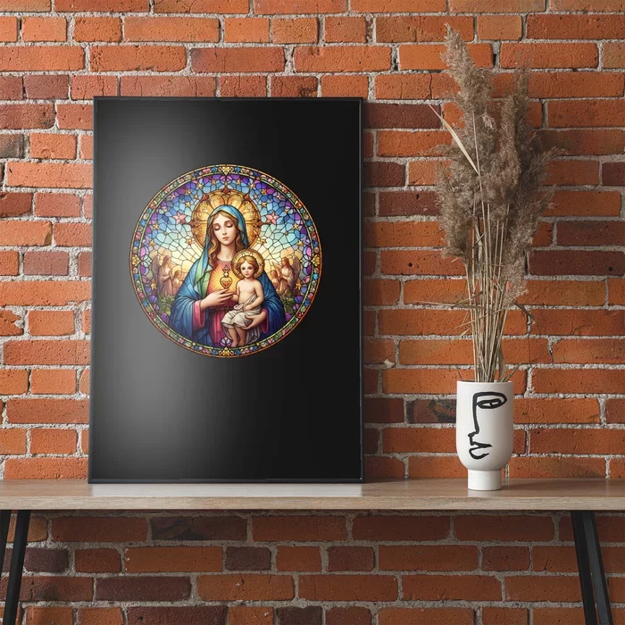 Mother Mary Stained Glass Collection: Sacred Heart Of Mary And Jesus Poster