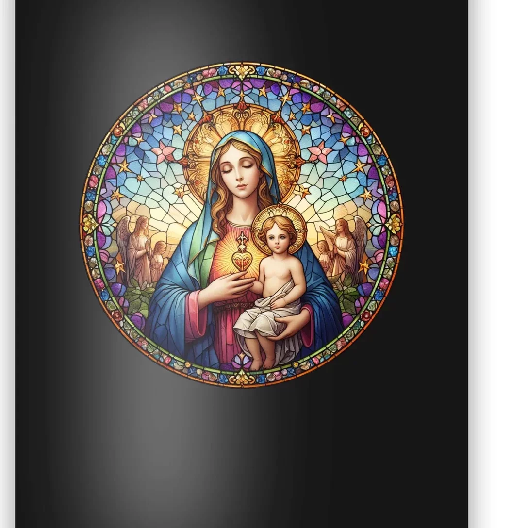 Mother Mary Stained Glass Collection: Sacred Heart Of Mary And Jesus Poster