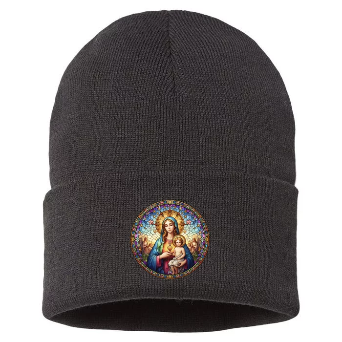 Mother Mary Stained Glass Collection: Sacred Heart Of Mary And Jesus Sustainable Knit Beanie