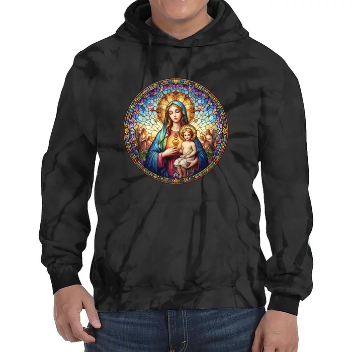 Mother Mary Stained Glass Collection: Sacred Heart Of Mary And Jesus Tie Dye Hoodie