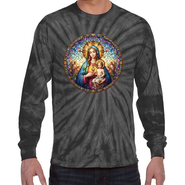 Mother Mary Stained Glass Collection: Sacred Heart Of Mary And Jesus Tie-Dye Long Sleeve Shirt