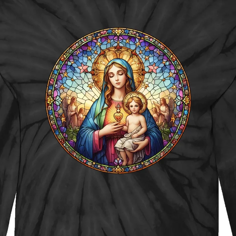 Mother Mary Stained Glass Collection: Sacred Heart Of Mary And Jesus Tie-Dye Long Sleeve Shirt