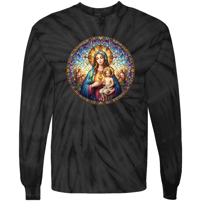 Mother Mary Stained Glass Collection: Sacred Heart Of Mary And Jesus Tie-Dye Long Sleeve Shirt