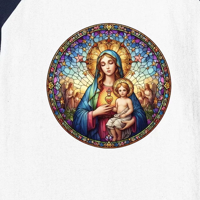 Mother Mary Stained Glass Collection: Sacred Heart Of Mary And Jesus Baseball Sleeve Shirt