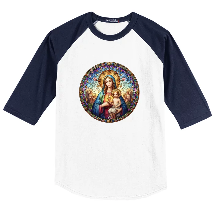 Mother Mary Stained Glass Collection: Sacred Heart Of Mary And Jesus Baseball Sleeve Shirt