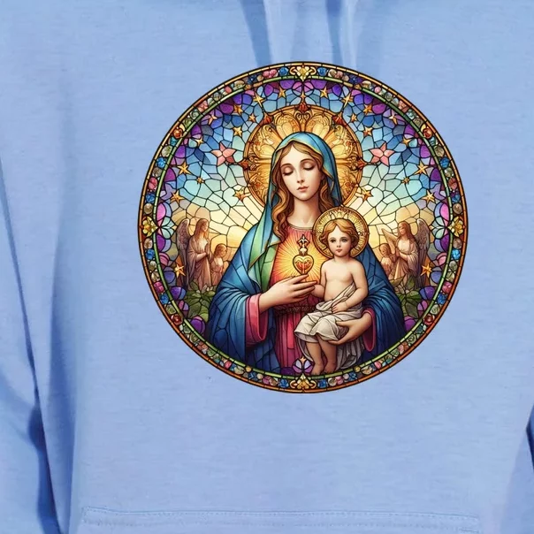 Mother Mary Stained Glass Collection: Sacred Heart Of Mary And Jesus Unisex Surf Hoodie