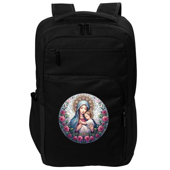 Mother Mary Stained Glass Collection: Roses Mary And Jesus Catholic Christian Impact Tech Backpack