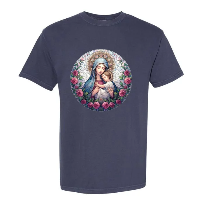 Mother Mary Stained Glass Collection: Roses Mary And Jesus Catholic Christian Garment-Dyed Heavyweight T-Shirt