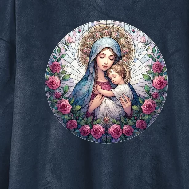 Mother Mary Stained Glass Collection: Roses Mary And Jesus Catholic Christian Hooded Wearable Blanket