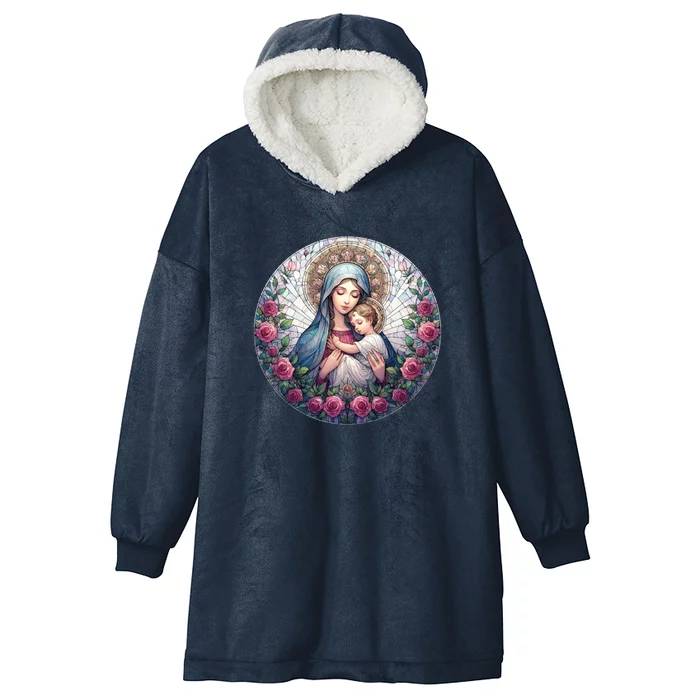 Mother Mary Stained Glass Collection: Roses Mary And Jesus Catholic Christian Hooded Wearable Blanket