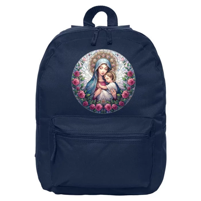 Mother Mary Stained Glass Collection: Roses Mary And Jesus Catholic Christian 16 in Basic Backpack