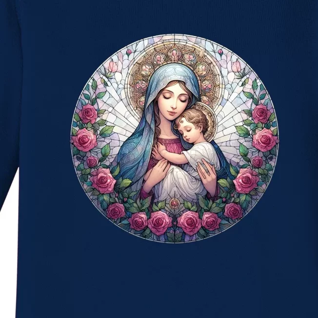 Mother Mary Stained Glass Collection: Roses Mary And Jesus Catholic Christian Baby Long Sleeve Bodysuit