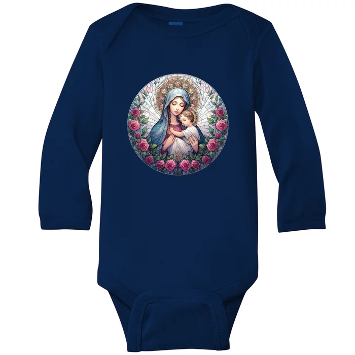 Mother Mary Stained Glass Collection: Roses Mary And Jesus Catholic Christian Baby Long Sleeve Bodysuit