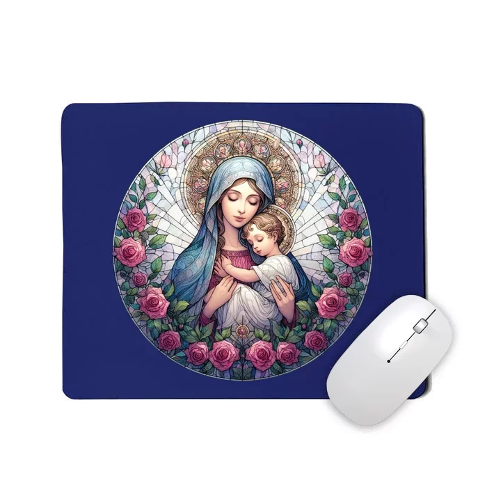 Mother Mary Stained Glass Collection: Roses Mary And Jesus Catholic Christian Mousepad